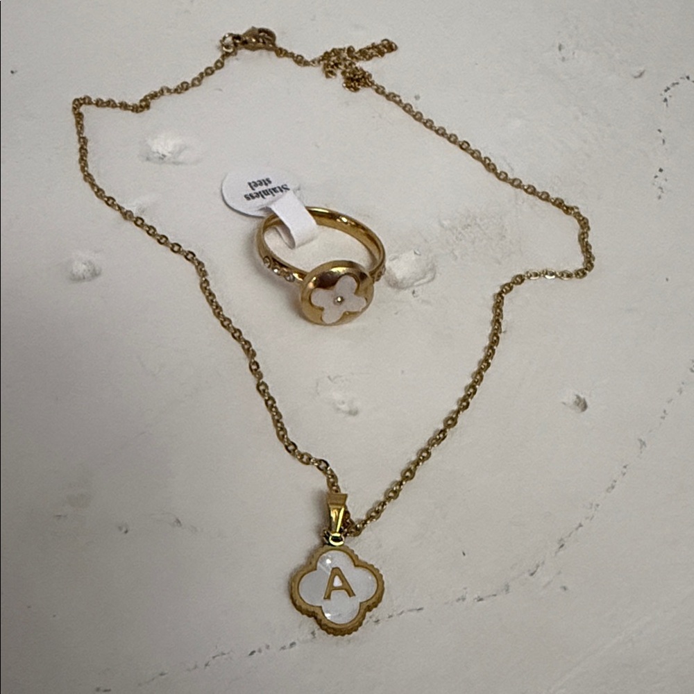 Stainless Steel Gold and White Initial 'A' Pendant Necklace and Ring Set